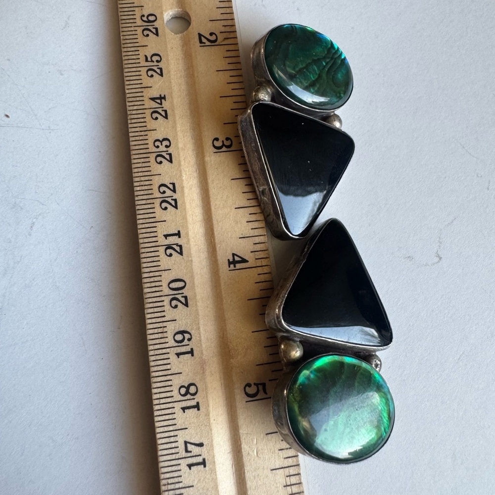 Elegant Sterling Silver Green Abalone and Black Onyx Clip Earrings 26.6g - Picture 8 of 15